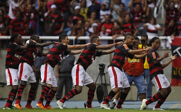 Brazil's Flamengo's Ronaldinho celebrates after scoring against Boavista during their Guanabara Cup final soccer match in Rio de Janeiro